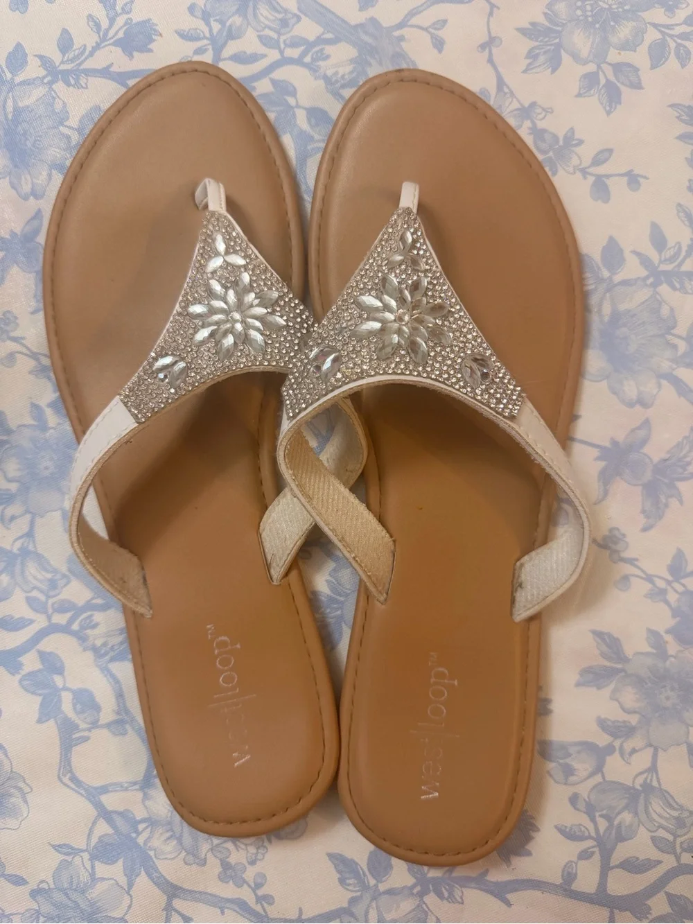 Embellished White Thong Sandals for Women